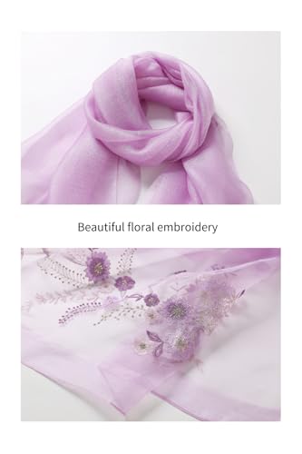 Jeelow Silk Blend Floral Fashion Scarf Shawl Wrap Lightweight Sheer For Women Floral Embroidery Wedding Party Prom - color: Lavender Blossom