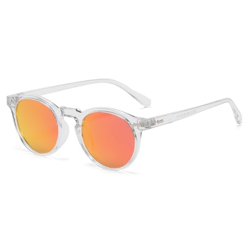 LJCZKA Round Polarized Sunglasses for Men Women Retro Small Face Sunglasses Polarized Vintage Sun Glasses UV400 Protection - color: Clear Red(mirrored)