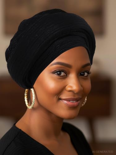 Woeoe African Head Wraps for Black Women Gold Pre Tied Headdress Wedding Turban Hats - color: Black