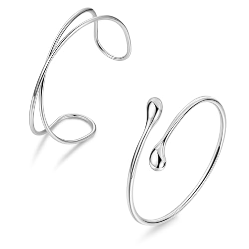 2Pcs Gold Arm Cuff for Women Adjustable Arm Cuff Bracelet Minimalist Open Coil Upper Arm Band Cuff Bangle Set - style: Silver C