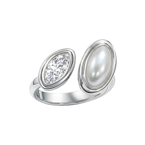 Mchic Adjustable Chunky Rings for Women: Dainty Natural Gemstone Ring Stainless Steel 18K Gold/Silver Plated Band Rings Non Tarnish Waterproof Statement Fashion Jewelry Gift for Women - color: Silver+Mother Pearl+Cubic Zirconia