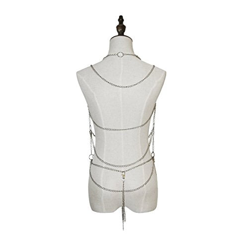 ADESUGATA Sexy Woman Tassel Body Harness Chain Cross Enticing Tassel Body Link Harness Metal Chain Sexy Lingerie Set - color: D