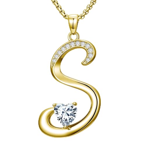 Birthday Gifts for Women 18k Gold Initial Necklaces for Women Simple Alphabets Letters with Birthstone Pendants Name Jewelry Anniversary Wedding Gifts for Sister Daughter Her (with Gift Box) - color: 04-Apr-5A White CZ, style: Letter S