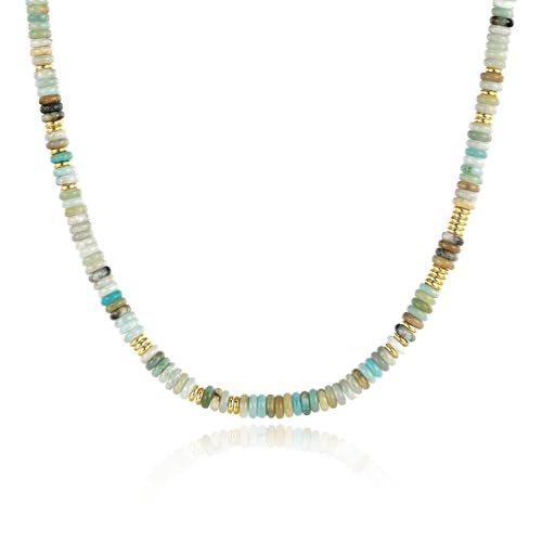KissYan Boho Beaded Choker Necklace for Women, Gemstone Choker Natural Stone Freshwater Pearl Surfer Necklaces 14K Gold Plated Summer Beach Handmade Jewelry - color: B-Green Aventurine