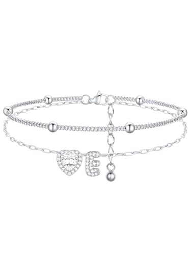 FindChic Silver/14K Gold Plated Layered CZ Initial Ankle Bracelet for Women | Waterproof Stainless Steel, Cubic Zirconia Letter Charm, Non-Tarnish, Hypoallergenic, Adjustable Extender, Summer Jewelry - color: Silver-CZ Heart, size: E