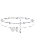 FindChic Silver/14K Gold Plated Layered CZ Initial Ankle Bracelet for Women | Waterproof Stainless Steel, Cubic Zirconia Letter Charm, Non-Tarnish, Hypoallergenic, Adjustable Extender, Summer Jewelry - color: Silver-CZ Heart, size: E