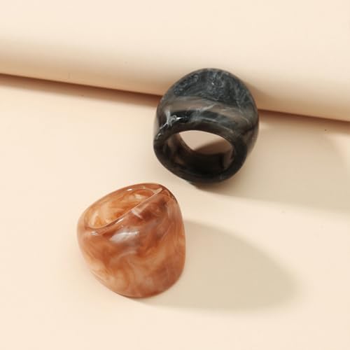 2Pcs Chunky Resin Knuckle Dome Rings Set for Women Dainty Large Y2k Acrylic Finger Nail Ring Pack Big Two Tone Plastic Statement Jewelry Gifts - color: Black