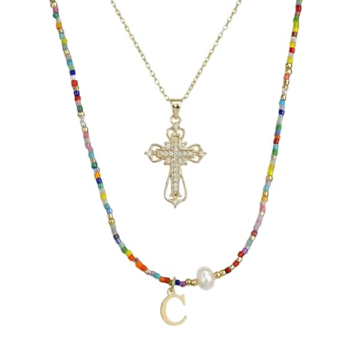 Colorful Pearl Beaded Initial Choker Necklaces for Women, Boho Handmade Personalized Seed Beads Letter Name Necklace Beach Surfer Bohemian Jewelry Gift - color: Cross C