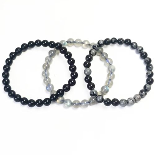 6mm Obsidian Labradorite Stackable Bracelet Set for Women | Round semi-precious stone beads elastic stretch fit calming yoga crystal, stackable daily wear & nice jewelry gift for women