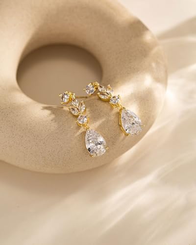 HANLI Dangle Earrings for Women – 14K Gold Plated/Silver Drop Earrings Sparkly CZ Gold Dangle Earrings Elegant Dangling Earrings for Wedding Bridal Prom Jewelry - color: 1-Dangle CZ Gold