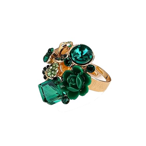 Jumwrit Shiny Crystal Flower Ring Statement Adjustable Open Band Wrap Finger Ring Square Rhinestone Floral Cocktail Ring Party Bridal Wedding Jewelry Vintage Boho Knuckle Ring for Women - color: Green