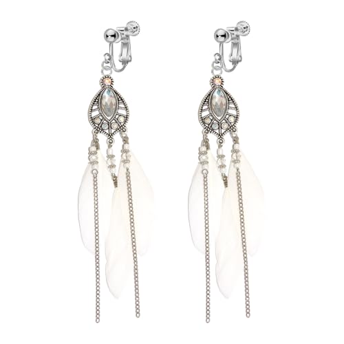 Clip on Tassel Dangle Earrings for Boho Women, Non Pierced, Colorful Feather Handmade Beads Fashion Vintage Fringe Jewelry for Parties Weddings Festivals Trendy Statement Earrings for Bohemian - color: White A