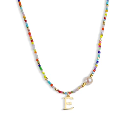 Colorful Pearl Beaded Initial Choker Necklaces for Women, Boho Handmade Personalized Seed Beads Letter Name Necklace Beach Surfer Bohemian Jewelry Gift - color: E