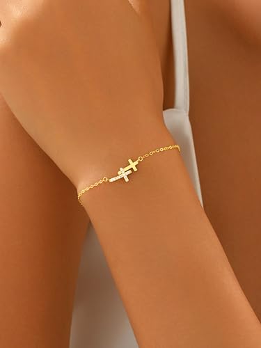 Double Cross Bracelet for Women 925 Sterling Silver Dainty 14K Gold Plated Cubic Zirconia Bracelet Faith Christian Bracelets Adjustable Chain Religious Christian Baptism Jewelry Gifts - color: Gold 2