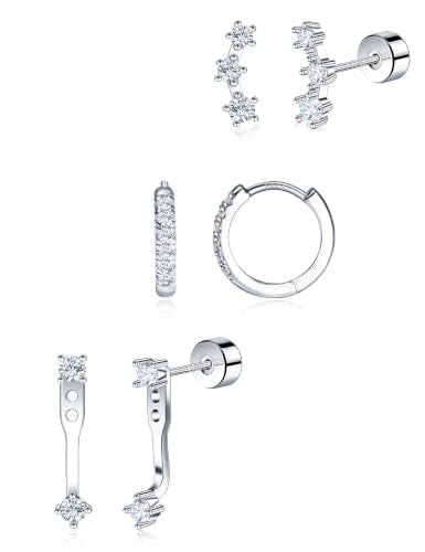 Moissanite 925 Sterling Silver Flatback Stud Jacket Earring Stacks 3 Pairs | Cartilage Earrings Set Hypoallergenic Trendy Small Earrings Earrings Set Dainty Earrings - color: 18K White Gold