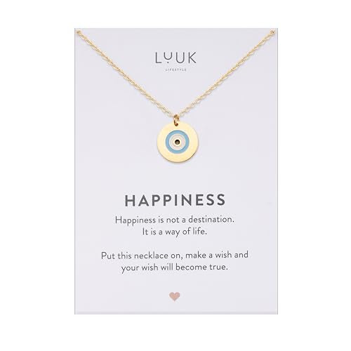 LUUK LIFESTYLE Minimalist necklace with rainbow pendant, HAPPINESS slogan card, symbol of diversity, waterproof stainless steel, gift for women, trendy, chic, silver - color: Gold, size: Evil eye