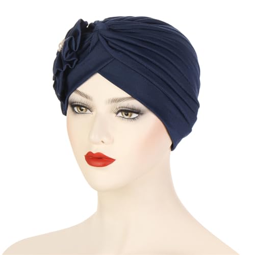 Flower Turban Hats for Women - Ruffle Bead Stretch Solid Caps Chemo Cancer Pre Tied Headscarf Headwear - color: Navy