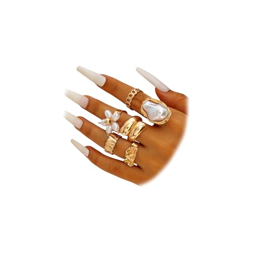 Chunky Gold Irregular Rings Stack Set for Women Statement Baroque Pearl Flower Stackable Knuckle Finger Ring Non Tarnish Boho Hammered Jewelry Gifts - color: Gold Flower