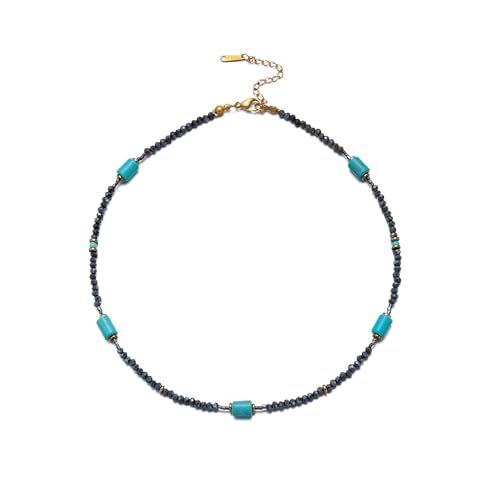 Turquoise Choker Necklace for Women, Western Crystal Bead & Pearl Necklace with Adjustable Chain Natural Stone Energy Jewelry, Boho Beaded Choker for Gifts - color: Turq Cylinder