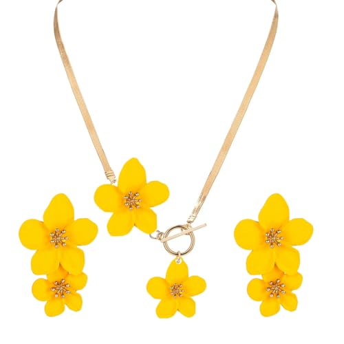 WCRAZYE Gold Flower Earrings Necklace Set for Women Boho Summer Daisy Floral Statement Earrings Brides Wedding Guest Dresses Jewelry - color: Yellow