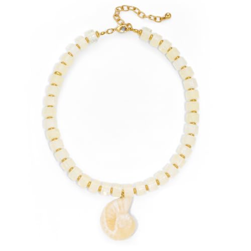 Chunky Beaded Necklace for Women with Conch Shell Pendant, Boho Bead Statement Necklace with Adjustable Gold Chain, Beach Jewelry for Summer＆Vacation Gifts - color: Cream