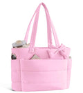 CTWWFS Puffer Tote Bag for Women, Quilted Bow Tote Bag with Cup Holder & 15.6 In Laptop Compartment for Work, Travel, Gym - color: Dark Pink