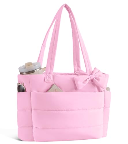CTWWFS Puffer Tote Bag for Women, Quilted Bow Tote Bag with Cup Holder & 15.6 In Laptop Compartment for Work, Travel, Gym - color: Dark Pink