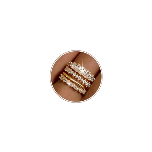 LOLIAS 14K Gold Plated Stackable Rings for Women Non Tarnish - Dainty Cubic Zirconia Wedding Bands Ring Set Minimalist Trendy Statement Engagement Promise Thumb Rings Stacking Size 5-10 - style: Sparkly-14K Gold Plated