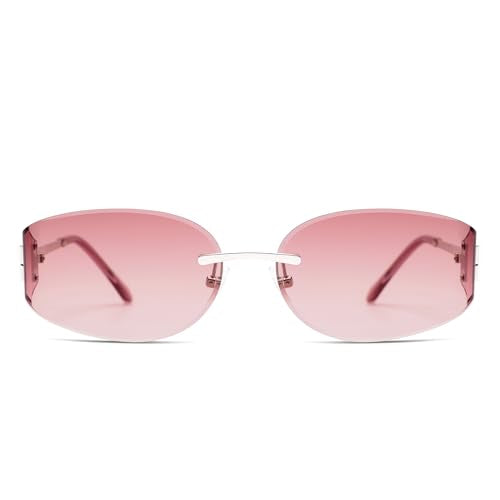 SOJOS Trendy Oval Sunglasses for Women,Fashion Rimless Metal Sun Glasses Y2K Style UV400 Protected SJ1271 - color: Burgundy