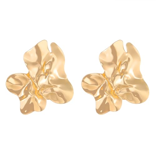 Statement Chunky Gold Large Silver Earrings for Women Trendy, Big Irregular Geometric Dainty Liquid Metal Stud Earrings Simple Prom Party Jewelry Gift - color: Gold -Large