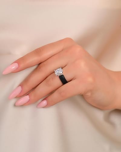 Rinfit Silicone Ring with Stone - Oval Cut Cubic Zirconia Solitaire Engagement Ring for Women - Rubber Wedding Bands - Patented Design - color: Pack H: Black / Silver