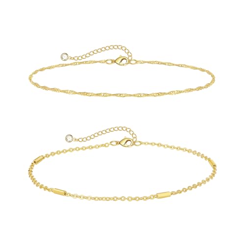 Dainty Bracelets for Women, 14k Gold Plated/Silver Layered Charms Bracelet Herringbone Satellite Beads Box Rope CZ Bracelet Adjustable Cuba Link Chain Bracelet Set Jewelry Gifts - color: 2Layered-Twisted rope-GD