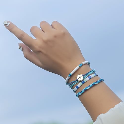 FANCY SHINY Boho Nautical Compass String Bracelets Beaded Clay Beads Bracelet Stackable Friendship Bracelets Summer Beach Outfits for Women Girls - color: Blue
