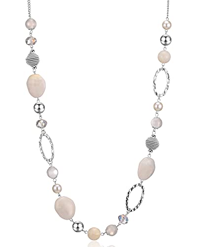 BULINLIN Beaded Long Necklace for Women Silver Sweater Chain Necklace with Crystal Resin Beads, Fashion Jewelry Necklace - color: White