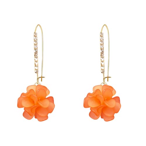 Boho Flower Dangle Earrings for Women Long Drop Resin Acrylic Tiered Petal Statement Earrings Handmade Lightweight Vintage Floral Chunky Drop Jewelry - color: Orange