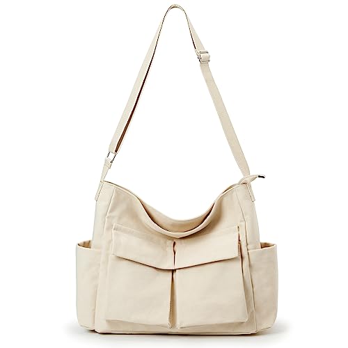 KALIDI Canvas Tote Bag Large Hobo Crossbody Shoulder Handbag Zipper Messenger Bag for Women or Men Casual College Work - color: Upgraded Beige