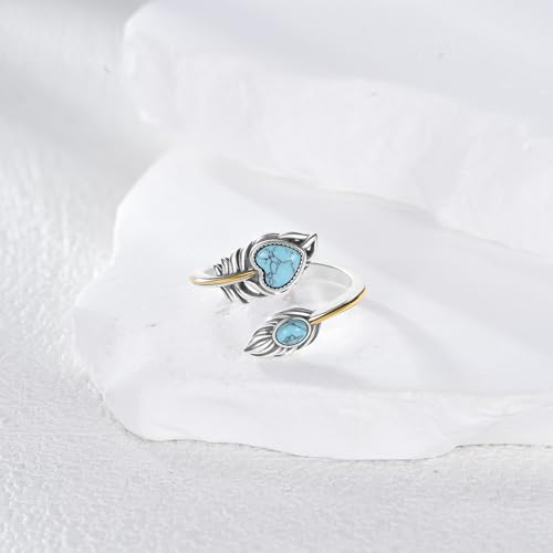 MONGAS Feather Ring 925 Sterling Silver Turquoise Ring Western Jewelry Christmas Gifts for Women
