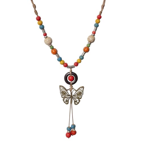 Boho Colorful Ceramic Bead Necklace for Women, Butterfly Pendant Necklace, Handmade Bohemian Statement Jewelry Gifts for Mom - color: Multi-L