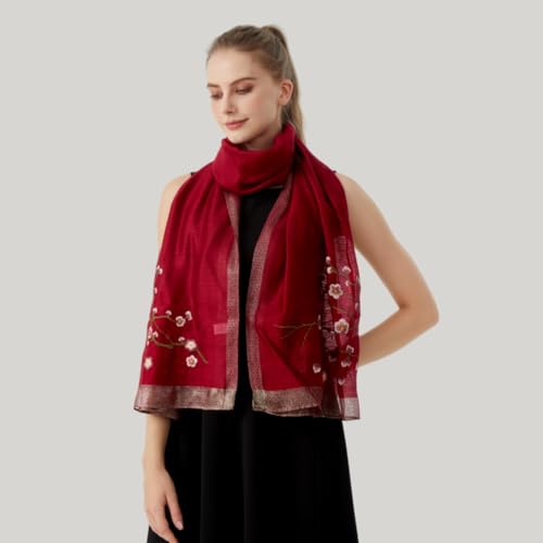 WINCESS YU Women Mulberry Silk Scarf Long & Large Embroidered Floral Pattern Shawl and Wraps Neckerchief for Hair & Neck - color: Red
