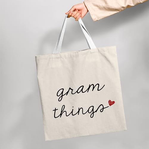 Gram Things Canvas Tote Bag, Gram Gifts for Mothers Day Birthday Tote Bag for Women, Grandma Gifts from Grandkids, Minimalist Neutral Grandmother Aesthetic Travel Totes for Shopping Camping