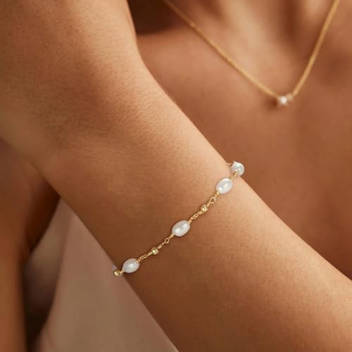 SLOONG Gold Pearl Bracelets for Women Trendy, 14K Gold Plated Dainty Stackable Layered Chain Bridesmaid Bracelets, Waterproof Wedding Jewelry for Women Adjustable 6"+2" - color: 1.Style3(Pearl)
