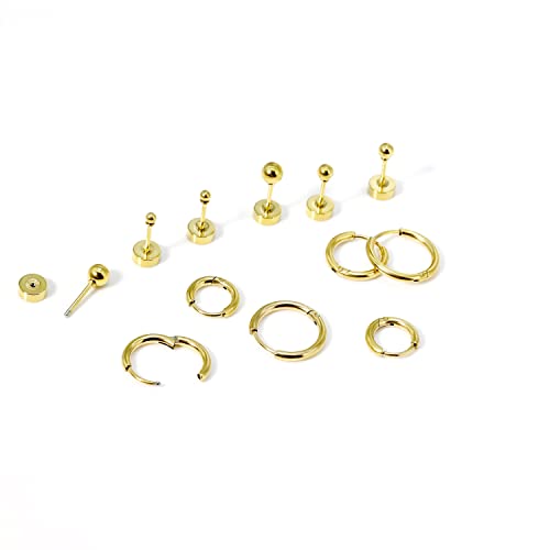 Dainty 6 Pairs Surgical Steel Earrings Sets for Multiple Piercing, Lightweight 14K Gold Plated Small Huggie Hoop Earrings, Flat Back Tiny Ball CZ Stud Earrings for Cartilage, Helix, Lobe, Hypoallergenic - style: 14K Gold Plated - Huggie Hoops and Ball Stu