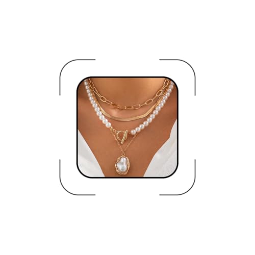Layered Pearl Necklace for Women,Chunky Baroque Pearl Statement Necklace,Gold Irregular Bead Necklace Vintage Jewelry