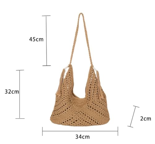 Boho Straw Bags for Women Large Woven Tote Bag Straw Beach Bag Shoulder Bags Purse Handbags Summer Straw Hobo Bag - color: Khaki