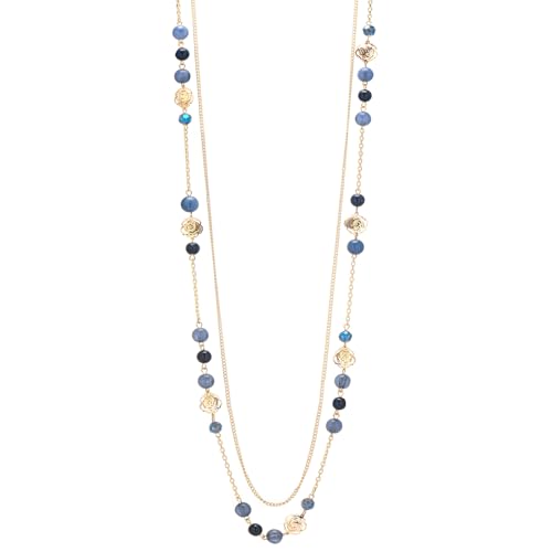 FULU AUTUMN Boho Gold Long Necklaces for Women Natural Stone Beaded Layered Long Necklace Mothers Day Gifts Dainty Flower Costume Jewelry for Women - color: Dark Blue