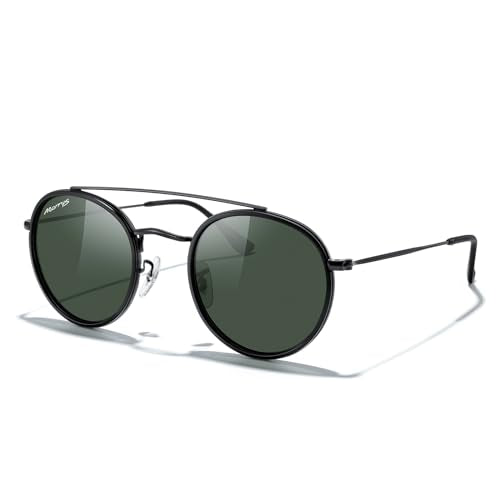 MERRY'S Retro Round Polarized Sunglasses - Unisex Double Bridge Sun Glasses - color: Matte Black Frame/Matte Black Bridge/G15 Lens