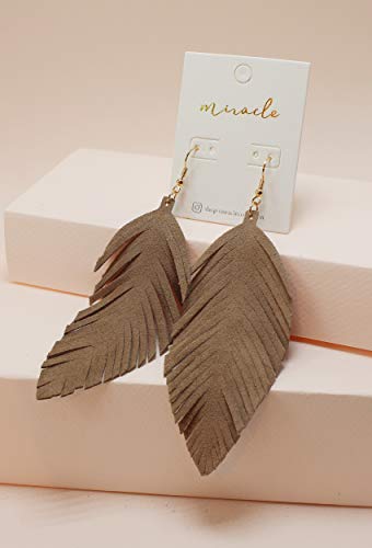 Large Genuine Soft Leather Handmade Fringe Feather Lightweight Tear Drop Dangle Color Earrings for Women Girls Fashion - color: Khaki