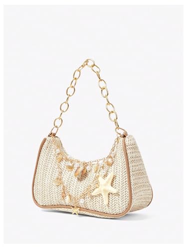 MakeMeChic Women's Straw Beach Purse Seashell Beaded Shoulder Handbags Summer Vacation Bags - color: Multicolor G
