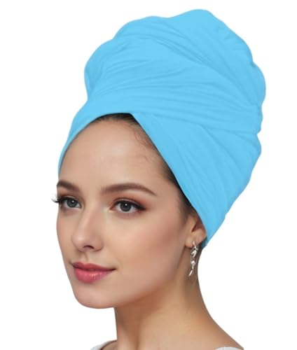 vabovin Head Wraps for Black Women Stretch Jersey Knit Turban Headwrap Solid Color Headscarf Headband Shawl - color: 17- Blue