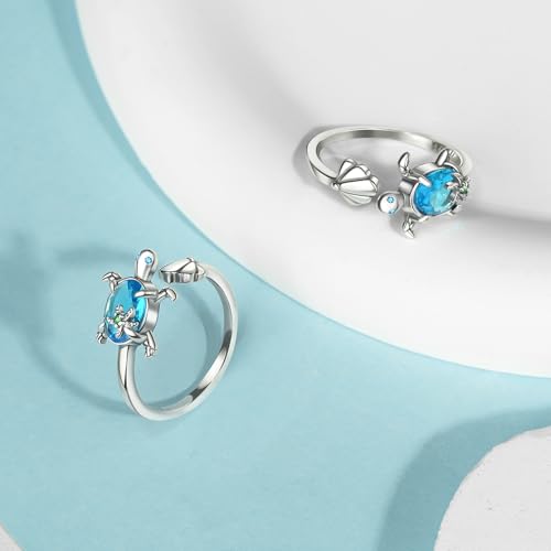 PARCOM Adjustable Women Stackable Ring, 925 Sterling Silver Open Rings - Trendy Eternity Cubic Zirconia Stackable Band Engagement Promise Ring for Her, Hypoallergenic Non Tarnish Nature Bird Floral Thumb Rings - color: Blue turtle shell